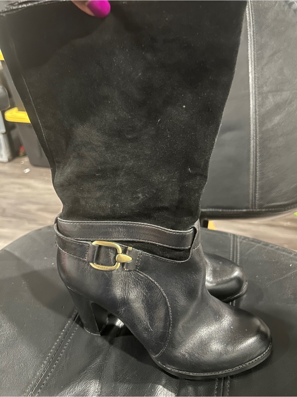 Circa Women's Black Leather & Suede Mid-Calf Heeled Boots with Brass Buckle